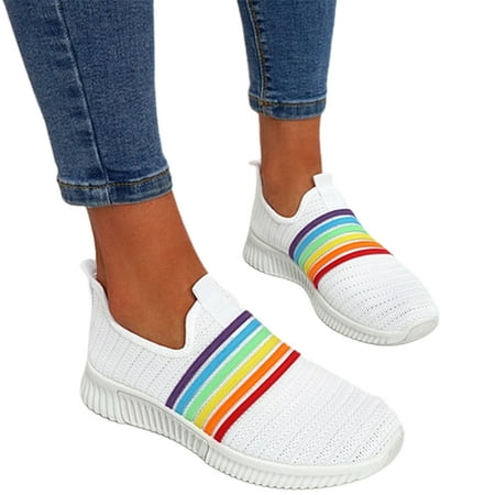 

huanledash Women Rainbow Stripes Slip On Work Shoes Anti Skid Breathable Sock Sneakers