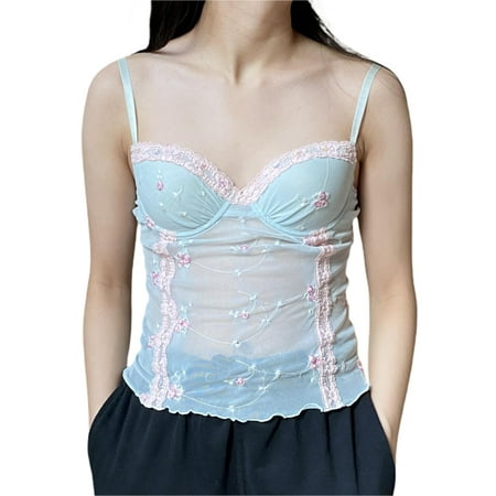 

Mubineo Women Camisole Spaghetti Straps Lace Patchwork Embroidery Flowers See-through Summer Tops