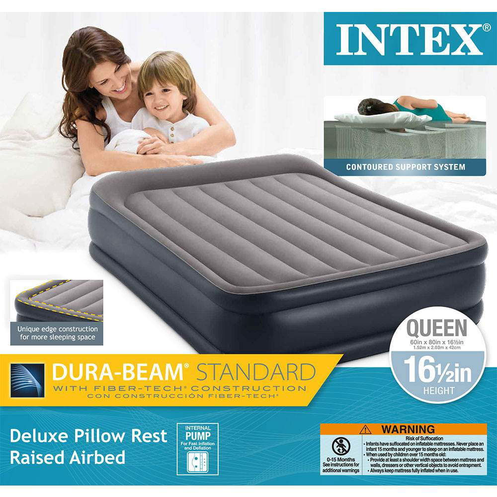 Queen 2 Pack Intex Deluxe Raised Pillow Rest Air Mattress with Built-In Pump 