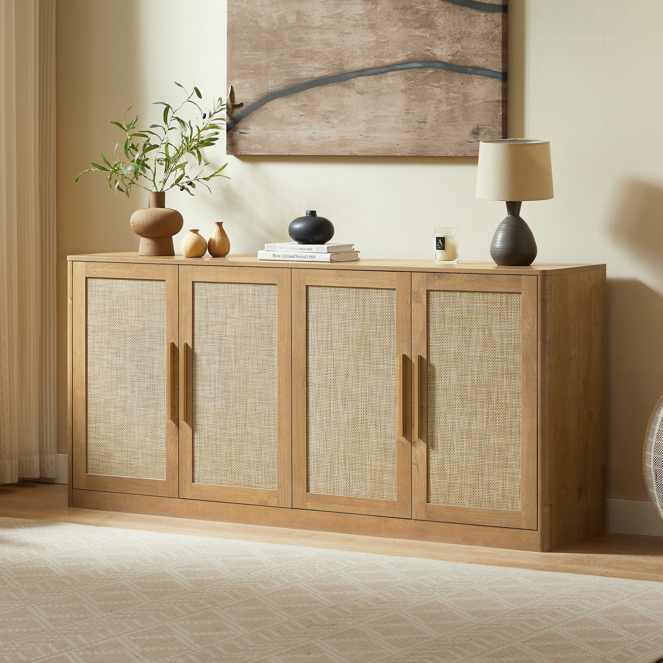 Noble House Prado 67" Rattan 4-Door Buffet Cabinet, Boho Sideboard Credenza with Gold Handles for Living Room, Caramel