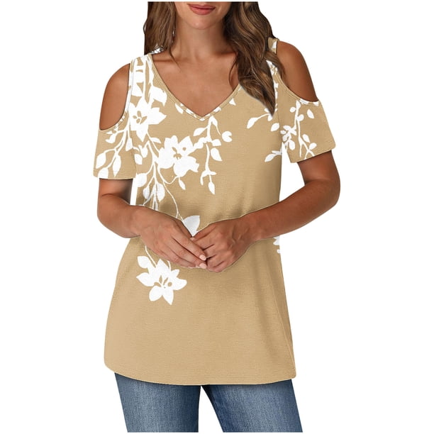 Algodón Fuera Del Hombro Tops para las Mujeres Blusas de Impresión de Manga Corta Cuello en V Top de Moda, Blusa de Verano Casual