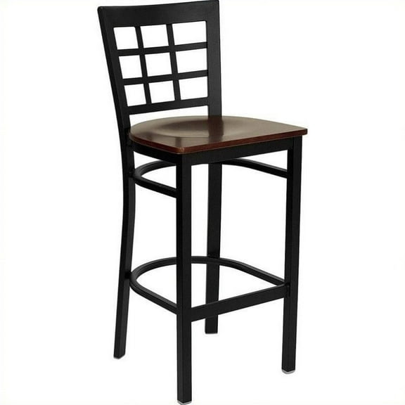 Flash Furniture HERCULES Series Black Window Back Metal Restaurant Barstool - Cherry Wood Seat