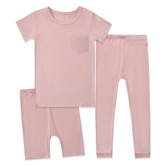 JIAYUE Toddler 3-Piece Pajama Set Crew Neck Short Sleeve Solid Color Tops With Long Pants Sleepwear for Casual Home Night,11-12 Years