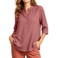 thumbnail image 6 of Vivianyo HD Women's Mandarin Collar Half Henley Placket Blouse, Curved Hem Three Quarter Sleeve Shirt For Women, Spring Summer Lightweight Tunic for Park Visits and Casual Lunches, Sizes S-2XL, 6 of 7