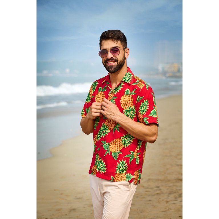 Alvish Hawaiian Shirts 50 Mens Pineapple Leaf Beach Aloha Casual Holiday Red XL, Men's