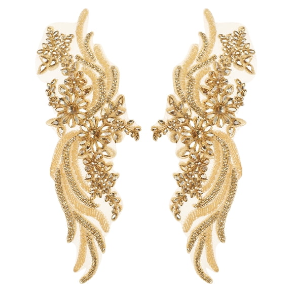 Uxcell 1 Pair Handmade Rhinestone Applique Patch, 14" x 5" Beaded Embroidery Sequin Patches for Sew on Wedding Dress Cloth DIY Crafts Decoration, Champagne Gold