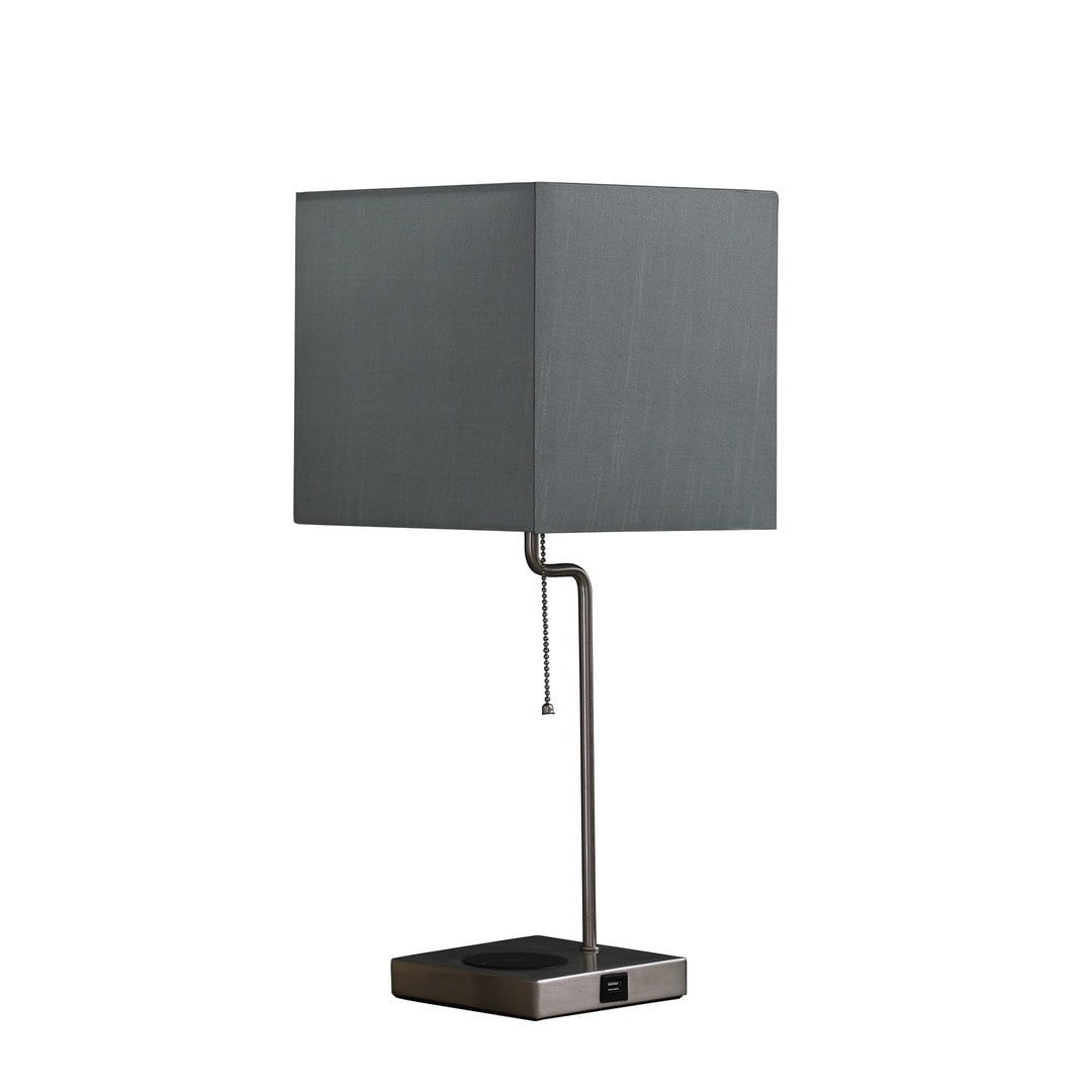 21.5" Silver Metal Table Lamp with Wireless Charging and Gray Shade