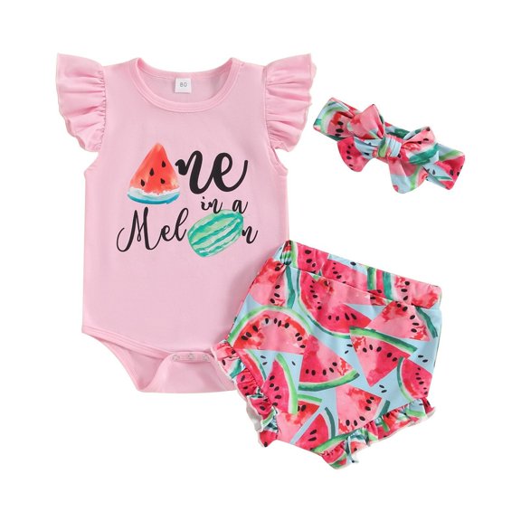 Girls Fly Sleeve Letter Romper Bodysuit Watermelon Prints Shorts Outfits