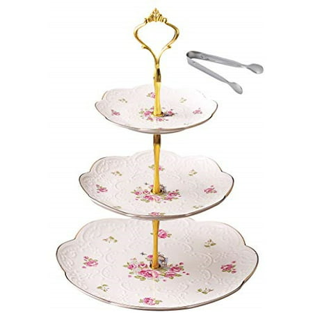 jusalpha elegant embossed 3-tier ceramic cake stand- cupcake stand- tea party pastry serving platter in gift box (fl-stand 03) (3
