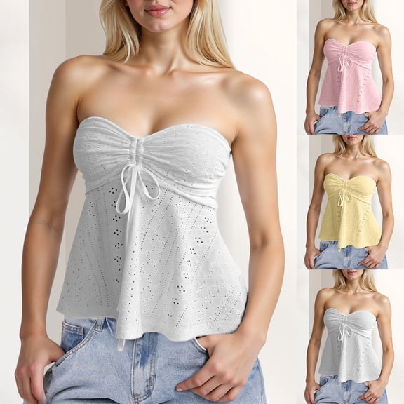 Womens Top Off Shoulder Tube Top Tie Front Ruched Flared Peplum Babydoll Tank Tops Yellow