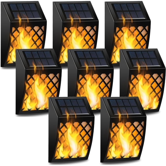 Outdoor solar flame wall lamp, solar wall lamp, flashing flame automatic on/off wall mounted fence deck light grille decoration, used for garage garden passage terrace porch courtyard