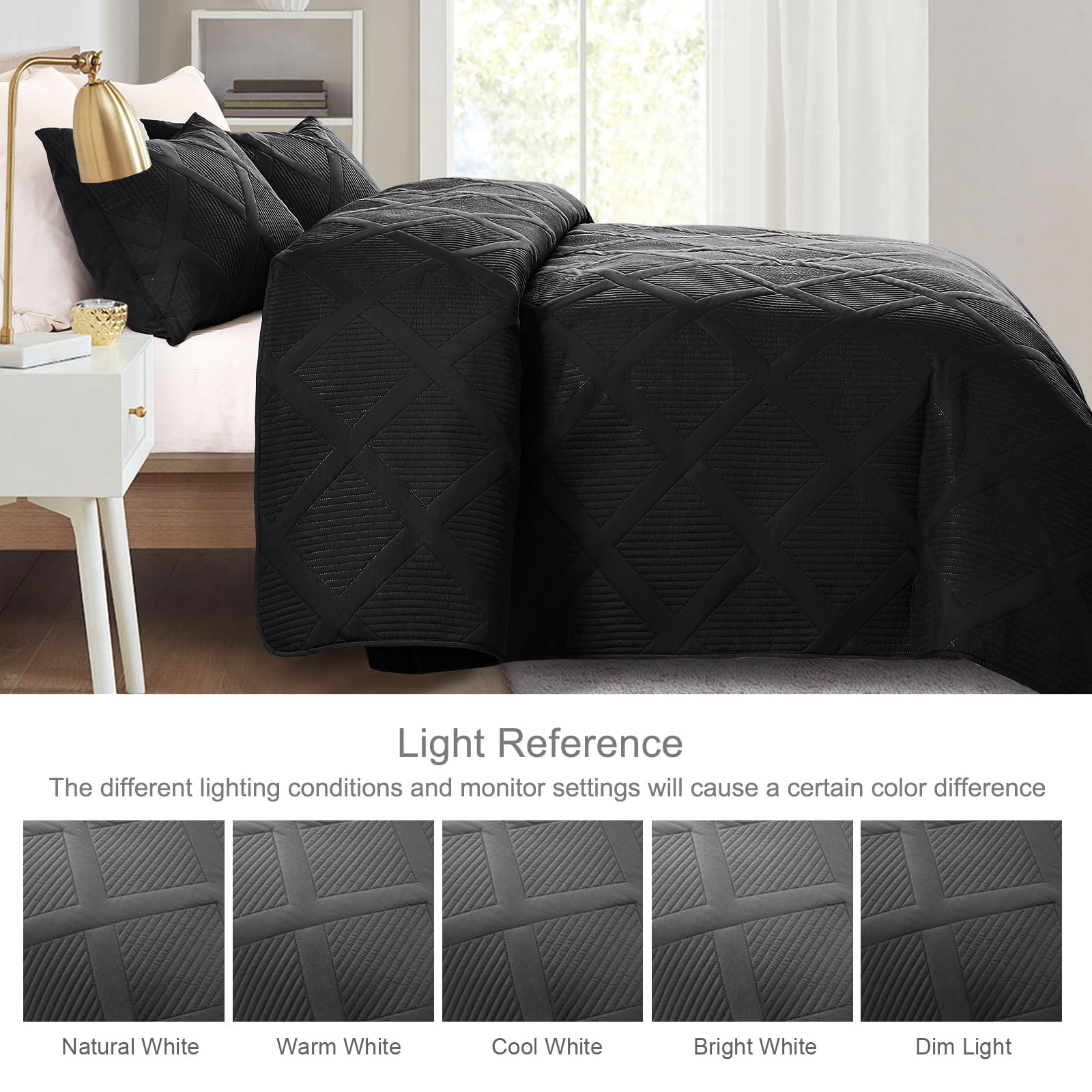 Exclusivo Mezcla Ultrasonic California King Quilt Set, 3-Piece Lightweight Bedspreads Modern Striped Coverlet, Black