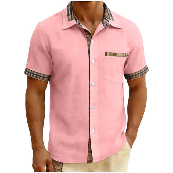 USNSM Mens Short Sleeve Button Down Shirts Casual Wrinkle Free Business Dress Shirt Plaid Collar Summer Shirts Pink M