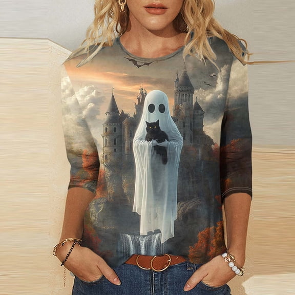 Ynynloco Womens Fall Shirts Halloween V Neck 3/4 Length Sleeve Pullover T-Shirts Thanksgiving Graphic Tee Tops
