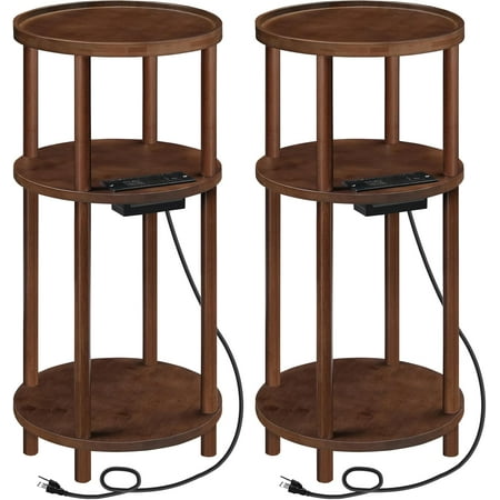 Small Round Side Table with Charging Station - Round Bamboo End Table Compact Sofa Bedside Table for Small Space Easy Assembly for Living Room Bedroom Apartment Natural YLU