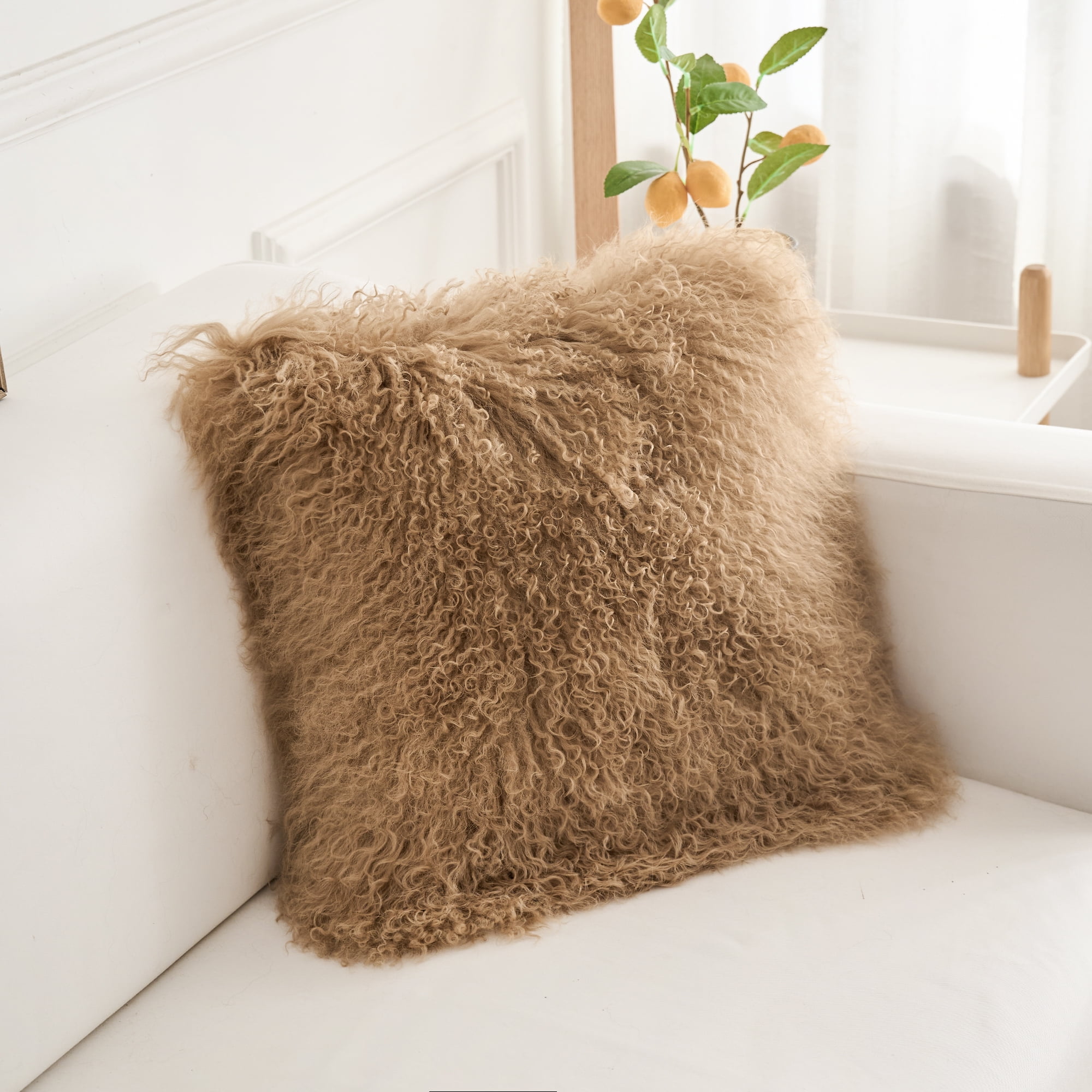 Firesidefur Lamb Fur Pillow Cover - 16"x16", Beige