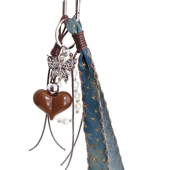 Lovely Bag Charm Pendant Keyring Heart,Denims Braided Rope Keychain Bag Charm for Backpack Purse Handbag Decorations