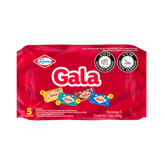 GALA Ponqué Sponge Cakes, Assorted Flavors 5 Pack (10.58 oz), Vanilla, Chocolate, Coconut - Imported from Colombia, Individual Wrapped Snack Cakes