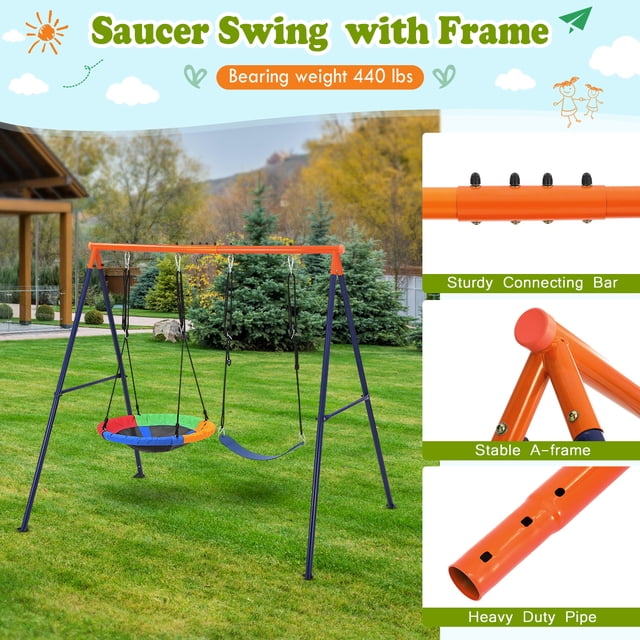 45 Inch Saucer Swing Set with Heavy Duty A Frame Stand for Kids & Adults, 440 LBS Weight Capacity, Adjustable Ropes Outdoor Playground Equipment, Rainbow