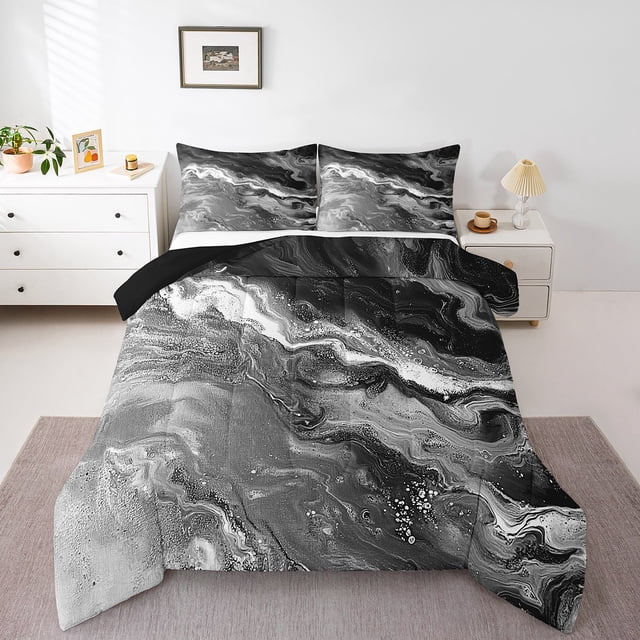 Erosebridal Ensembles de Couette Marbre Noir Gris Format Simple, Couettes et Duvets d'Art Abstrait Contemporain, Réversible 2 Pcs