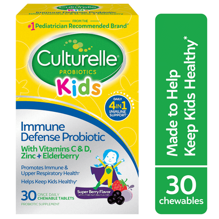 Culturelle Probiotics Kids Immune Defense Daily Chewables Supplement, 4-in-1 Immune Support for Children, Super Berry Flavor, 30 Count