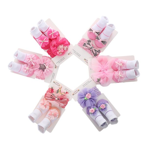 3Pcs/Lot Lace Flower Newborn Baby Socks + headband Cotton Anti-Slip Kids Floor Socks Bow toddler Girl Socks Spring Girls GiftYellow0-12m He Qiyong unisex