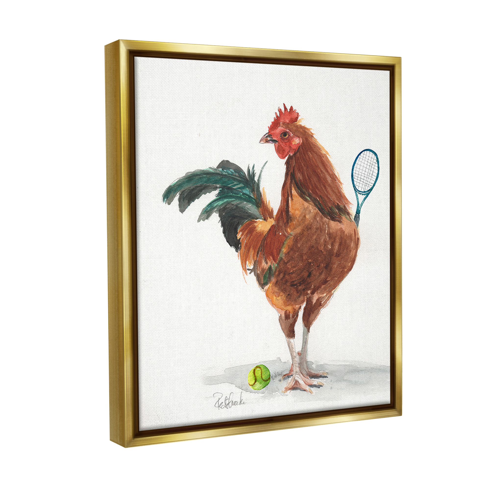 Stupell Industries Tennis Player Rooster Animals & Insects Painting Gold Floater Framed Canvas Art Print Wall Art, 17 x 21