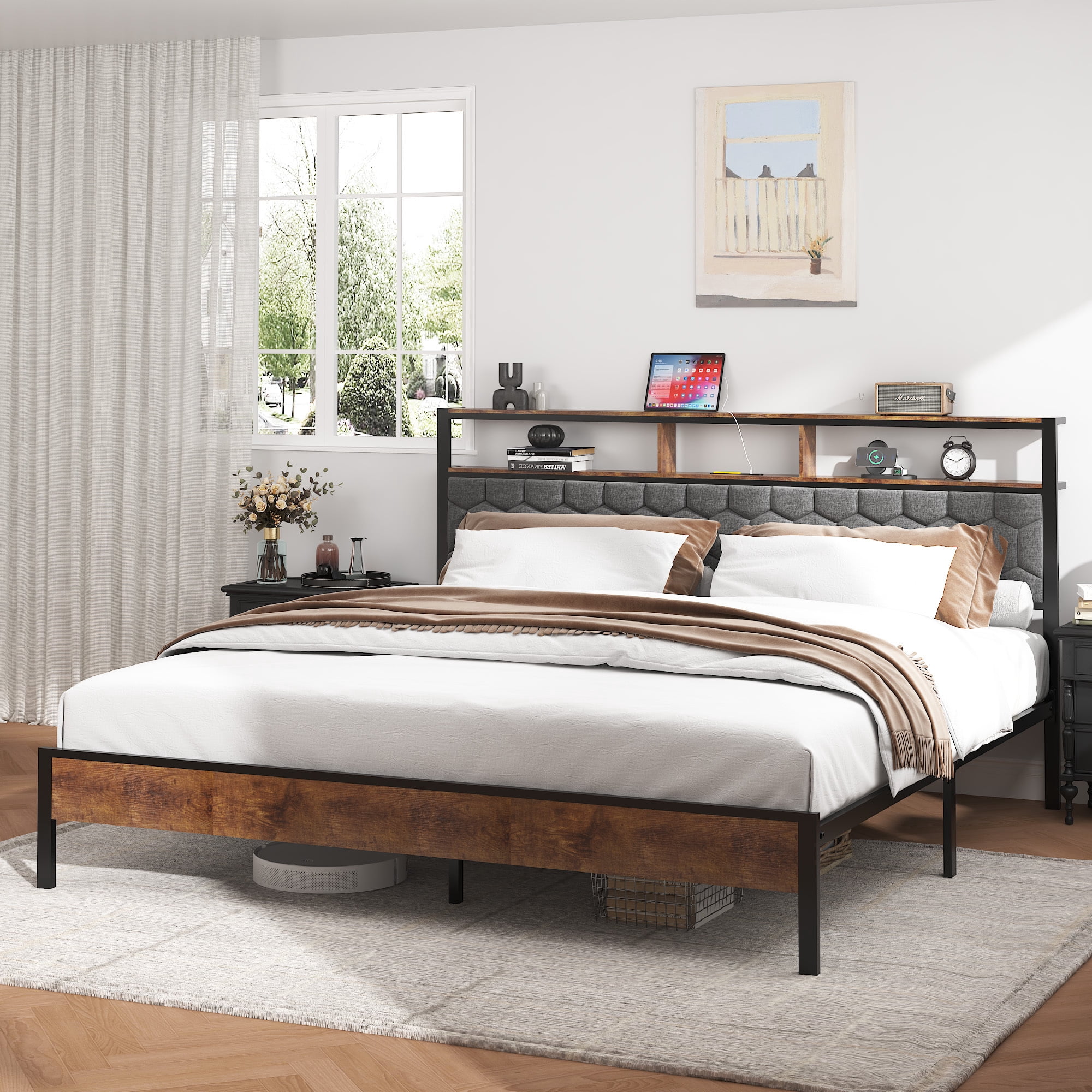 Leumius King Size Bed Frame with Upholstered Headboard, Industrial Style Platform Bed Frame with 2 USB Ports and Storage Shelf, Brown