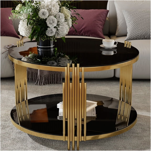 JERFIT Modern Round Coffee Table with Black Glass Top and Gold Metal Base, Asymmetrical Drum Style with Lower Shelf for Living Room
