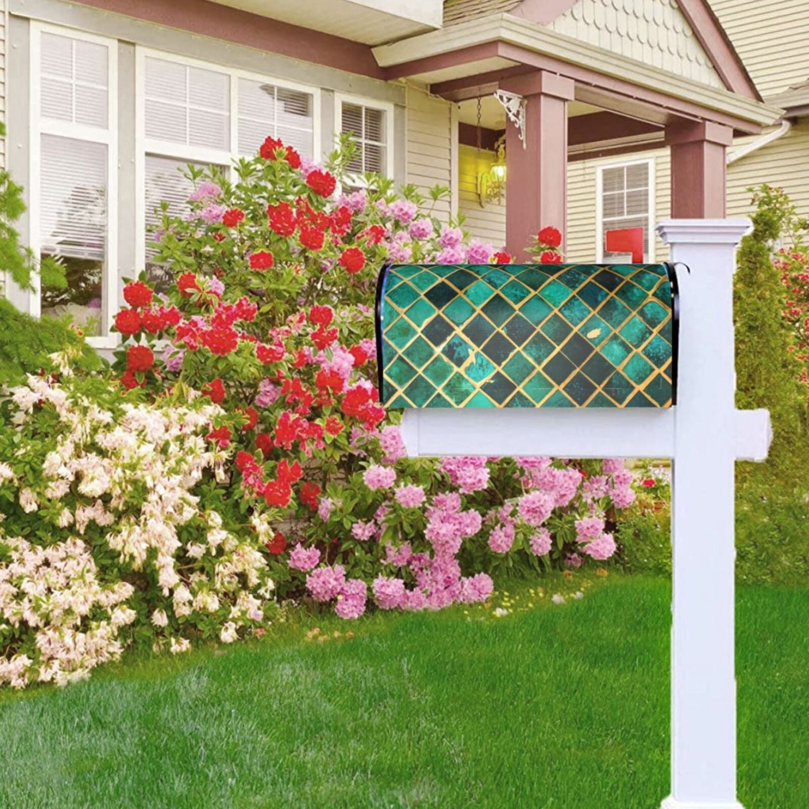 Logiee Green Mosaic Glass Print Post Letter Box Wrap Decor, Mailbox Cover Suitable for Standard Mailbox and Large Size Mailbox,Outdoor Yard Decoration-25.5x21 in