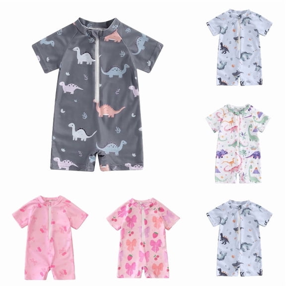 REDARER Boys Pastel Dinosaur Print Rash Guard, Gray Short Sleeve One Piece Swimsuit UPF 50 ,18-24 Months