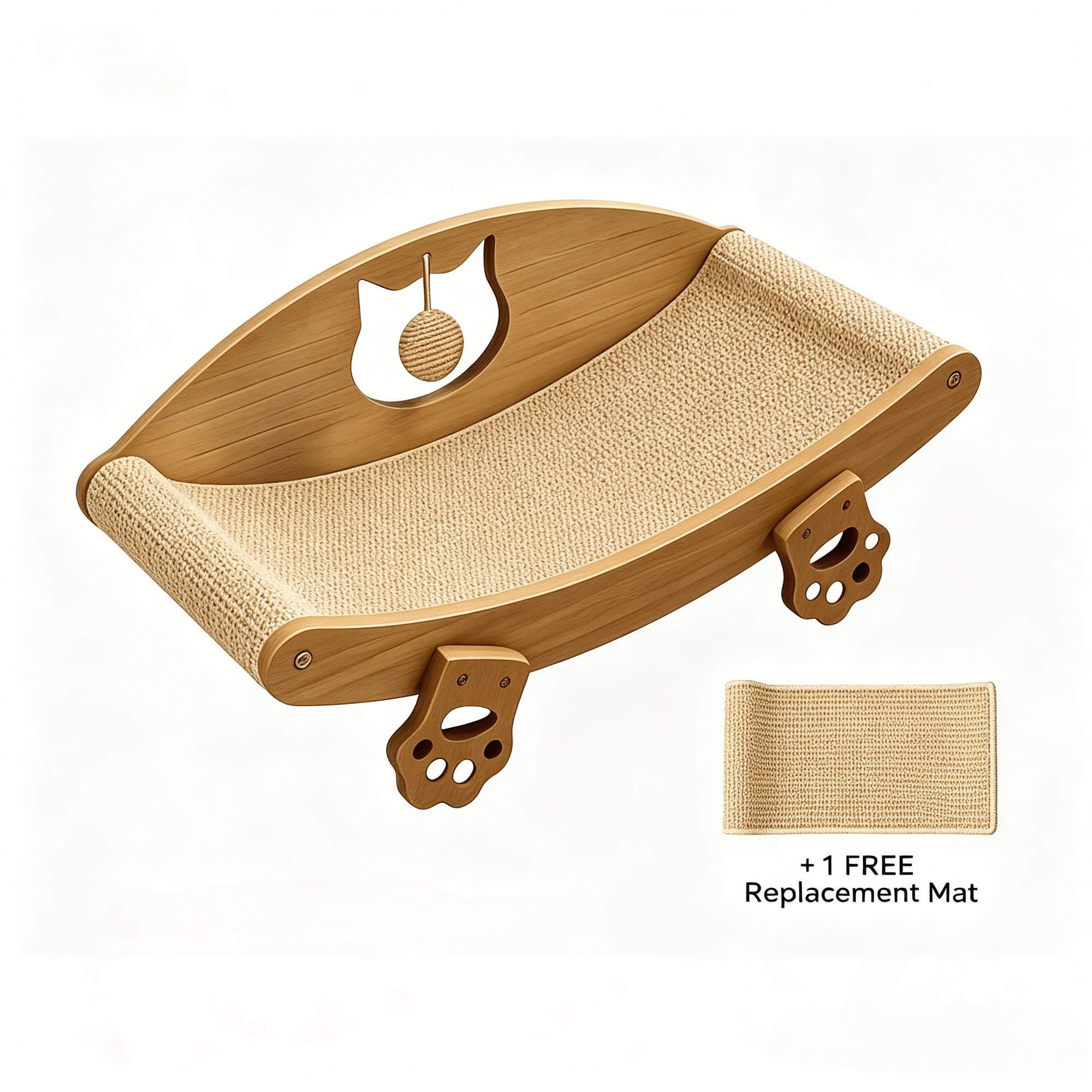 Natural Sisal Cat Scratcher Lounge Chair with Hanging Ball Toy Solid Wood Curved Cat Bed Scratching Pad Anti-Scratch Kitty Sofa Furniture Protect Couch Indoor Cat Rest & Play Toy