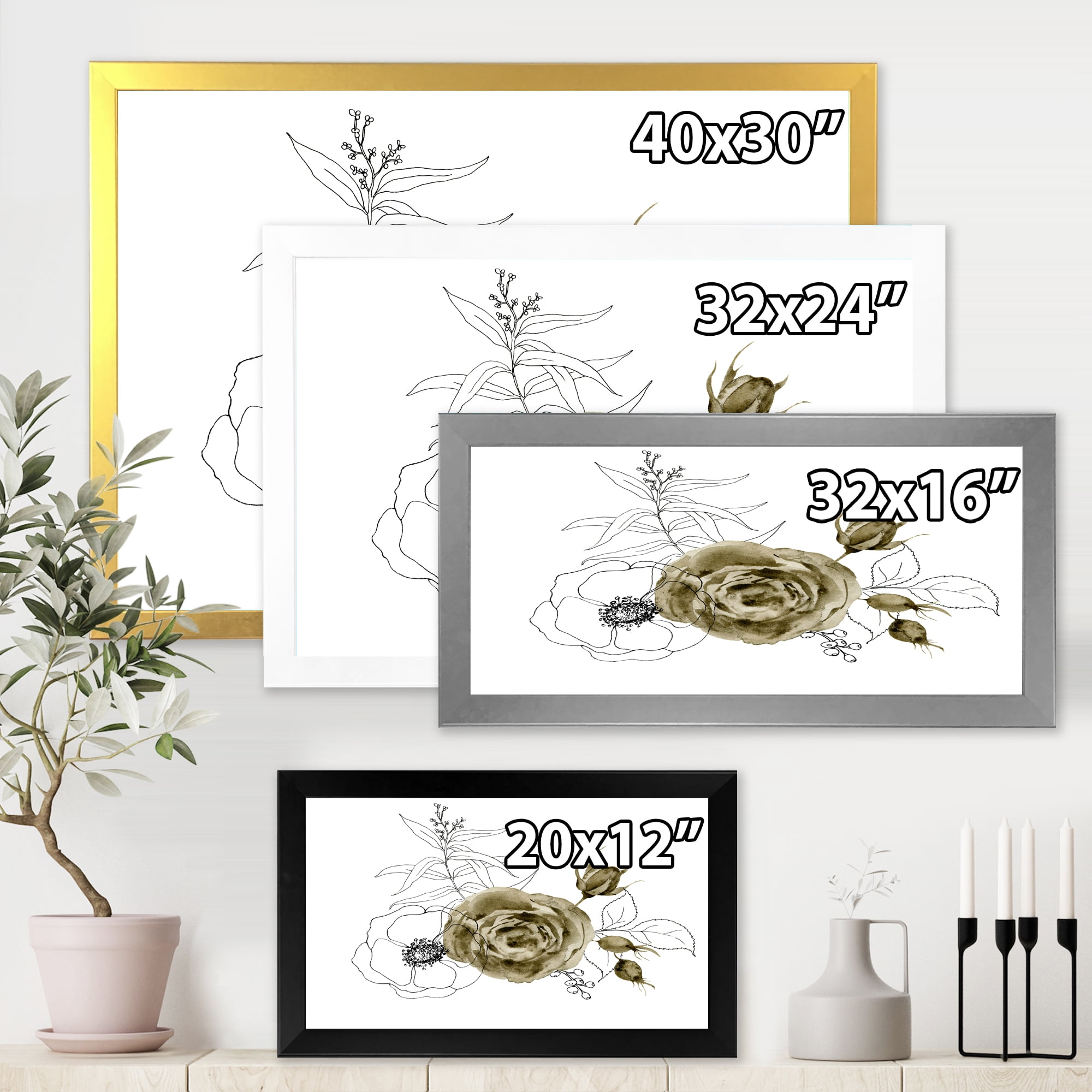 Designart 'Eucalyptus Branches With Anemone Bouquet Flower I' Traditional Framed Art Print