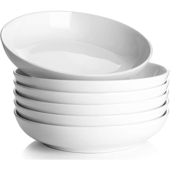 Pasta Bowls – 6 Pack 26 oz, 8 Inch Salad Bowl Set – Kitchen Porcelain Plates, Large Ceramic Shallow Bowls for Serving Dinner, Pasta, Noodles, Soup – Microwave and Dishwasher Safe