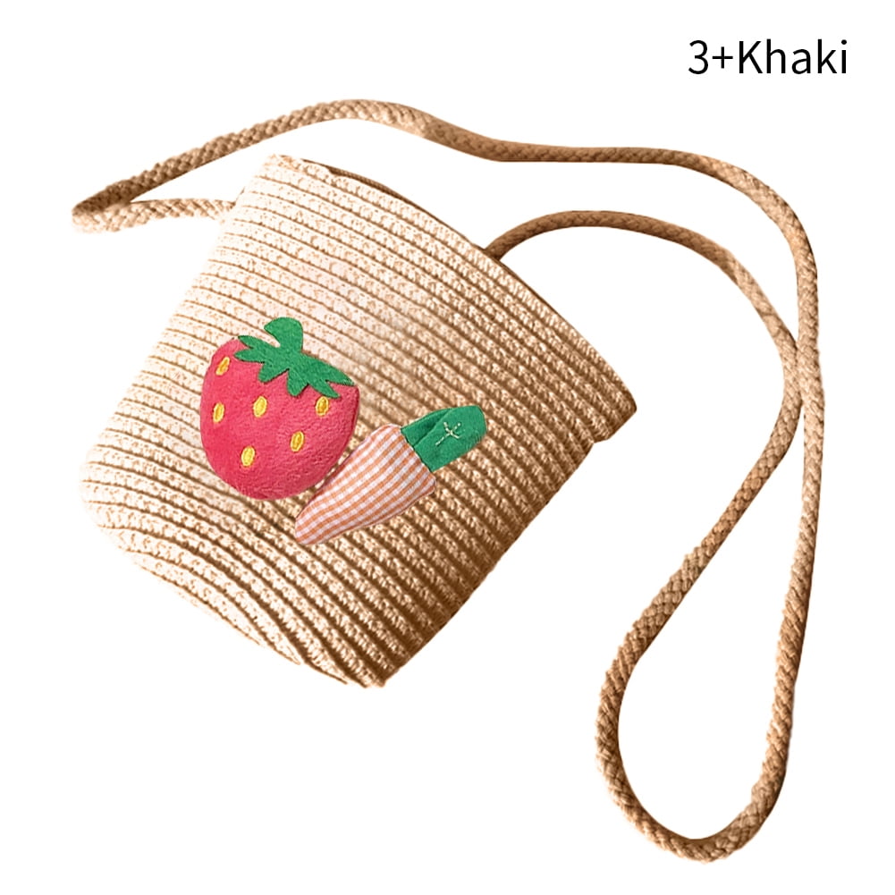 Girls Cute Strawberry Carrot Decor Straw Woven Shoulder Bag Coin