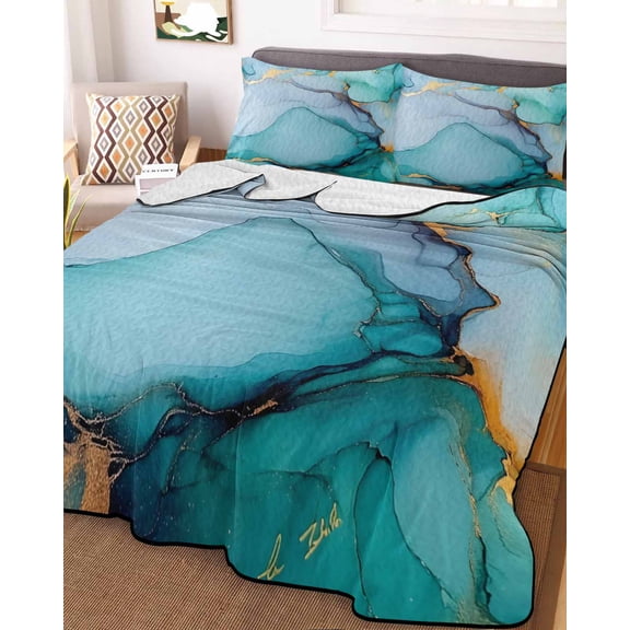 Turquoise Marble King Size Down Alternative Comforter, Lightweight Comforter Quilt Bedding Set with Pillow Shams Abstract Green Modern Luxury Cracks All Seasons Bed Comforter Duvet Insert 96"x106"