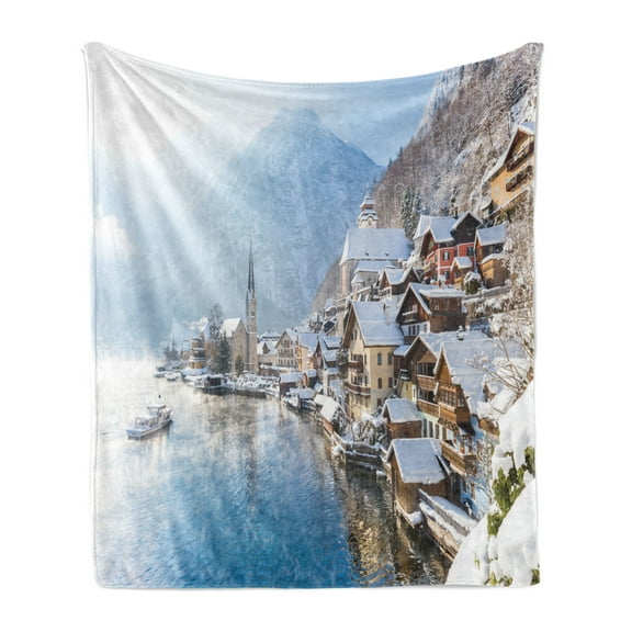 Alps Soft Flannel Fleece Blanket, Mountain Town Scenery Hallstatt Lakeside Town in Winter Austria Salzkammergut, Cozy Plush for Indoor and Outdoor Use, 60" x 80", Pale Azure Blue Tan, by Ambesonne