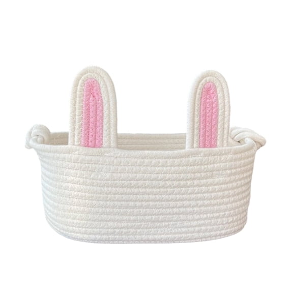 Easter Bunny Basket for Eggs Hunt, Easter Eggs Bucket, Large Woven Cotton Rope Tote Bag with Rabbit Ears for Kids, Easter Days Decoration, Party, Holidays