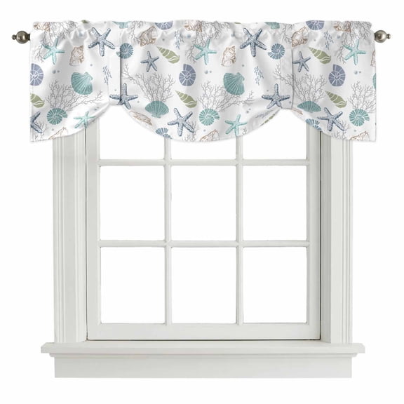 Summer Beach Tie Up Valance for Windows Nautical Starfish Coral Shell Teal Ocean Adjustable Curtain Valance Rod Pocket Balloon Shade Window Treatment for Kitchen Living Room Bedroom 60x18inch