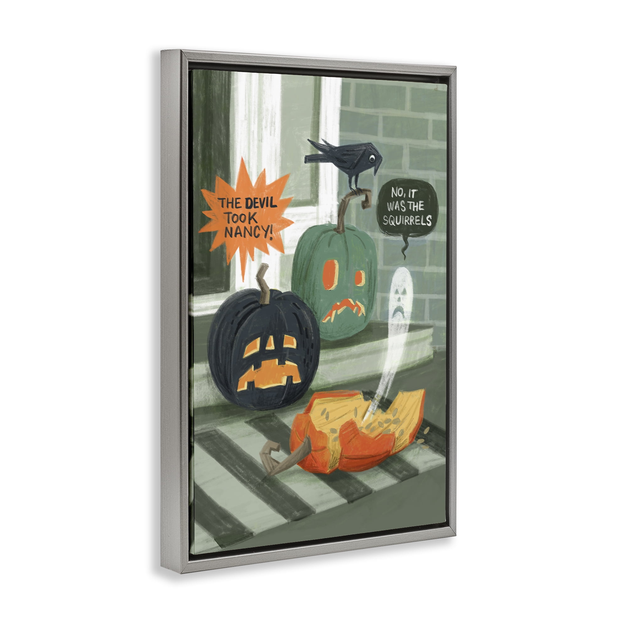 Stupell Industries Porch Pumpkins Mystery Holiday Painting Gray Floater Framed Canvas Art Print Wall Art, 21 x 31