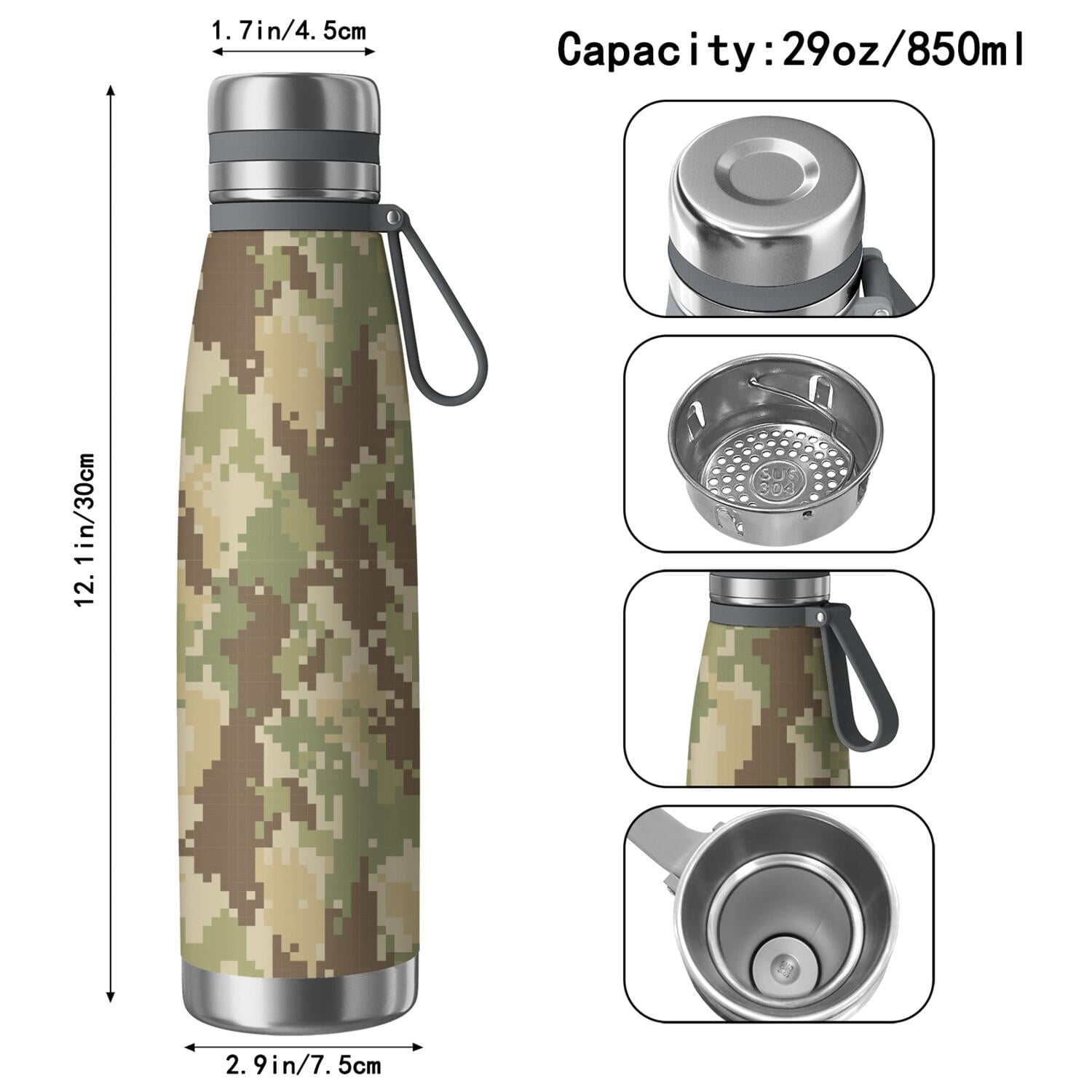 29oz Insulated Water Bottle with Tea Infuser, Stainless Steel Travel Mug, Camouflage Print