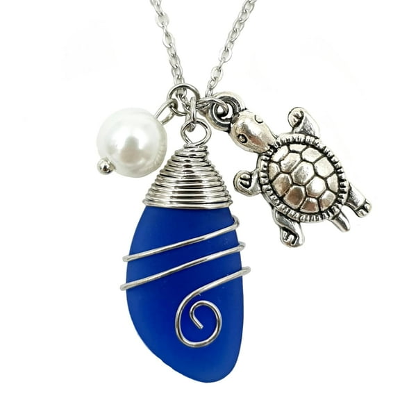 Women's Sea Glass Pendant Beach Pendant with Freshwater Pearl, Handmade Necklace Gift (Light Blue)