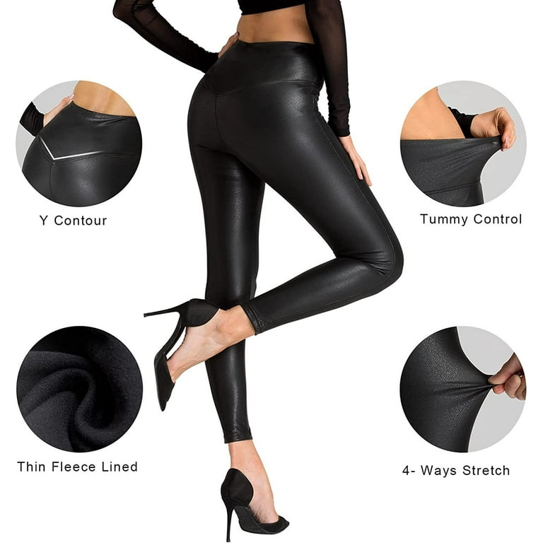 Kamo Women's Black Faux Leather Pants High Waist Leather Leggings with Thin  Fleece Lined