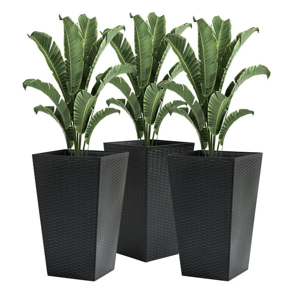Tall Planters Set of 3, Outdoor Indoor Flower Pots - Black Rattan Design - Drainage Holes - Porch, Patio, Deck, Entryway Décor