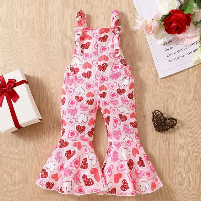 LSLJS Barboteuse Sans Manches à Bretelles pour Bébé Fille, Imprimé Cœur, Saint-Valentin, Pantalon Évasé