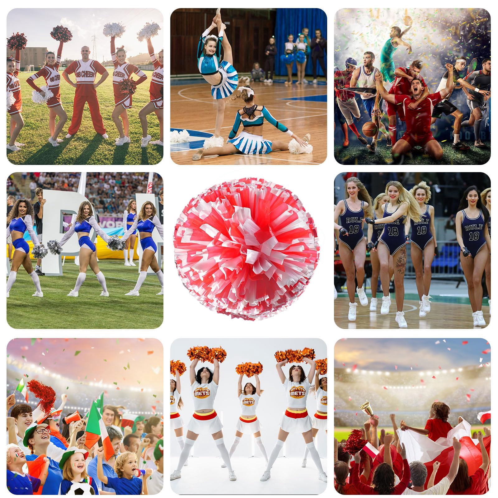 12 Pcs Cheerleading poms,13.7inch pom poms Cheerleading with Straight Handle Style Cheer Pom Pomsfor Dance, Matches, Team Spirit Sports