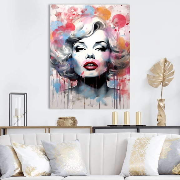 Designart "Pop Art Portrait of Marilyn Monroe in Pink" Fashion Canvas Wall Art - Glam Pink Woman Pop Art Bedroom Canvas Wall Art