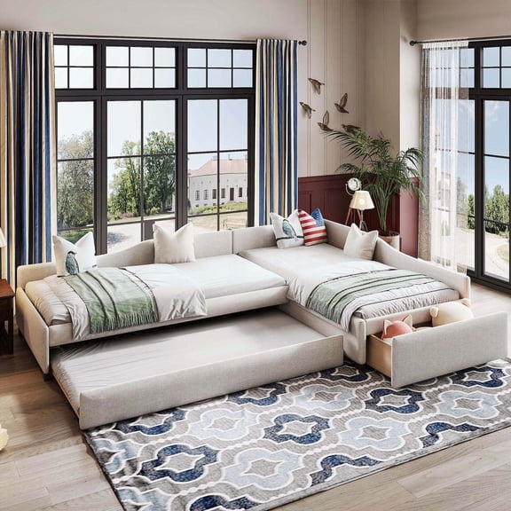 Restonic Upholstered Double Twin Daybed - Casters & Drawer