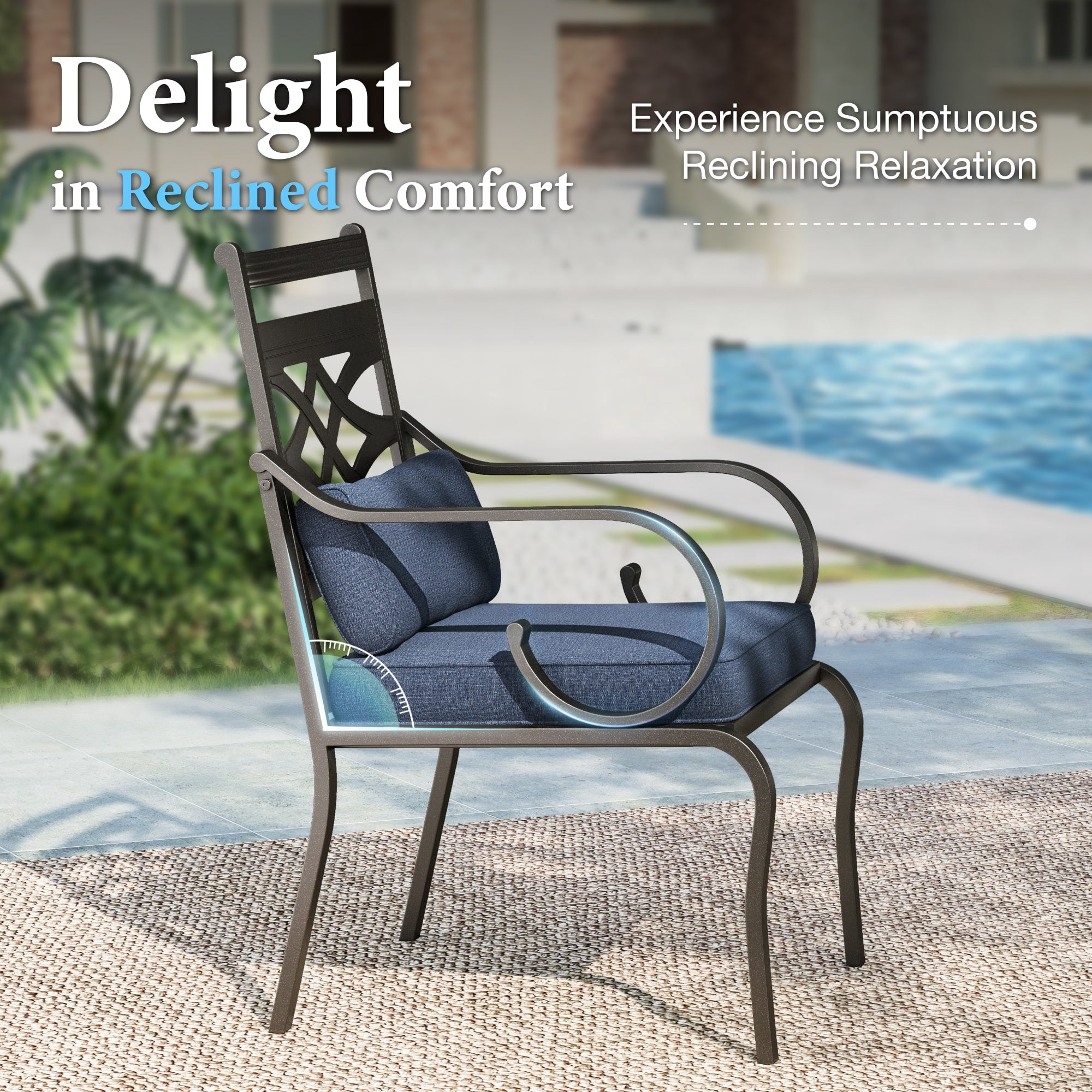 SUMMIT LIVING 7-Piece Outdoor Patio Dining Set with 6 Cushioned Chairs & Metal Round Table with Umbrella Hole, Black & Blue