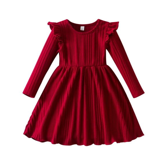IWEMEK Long Sleeve Dress for Girls Pleated Round Neck Vintage Red Dresses Xmas Party Dress Comfy Knitted Outfit Set 3T